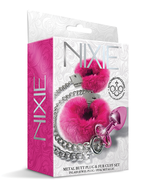 Nixie Metal Butt Plug w/Inlaid Jewel &amp; Fur Cuff Set - Pink Metallic