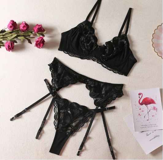 Lencería Sexy, ropa interior con bordado de encaje, conjunto de sujetador y bragas sexuales con realce de 3 piezas, tangas eróticas transparentes