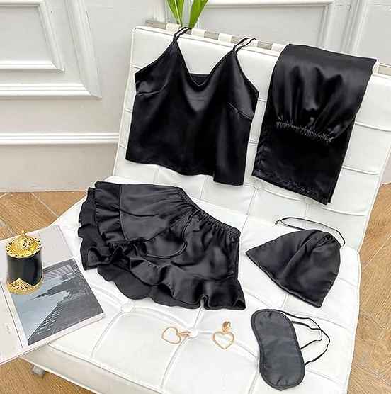 Conjunto de pijama de satin 5 piezas color negro