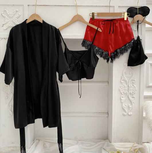 Conjunto de 3 piezas pijama de satin top y pantalones cortos color negro y short rojo