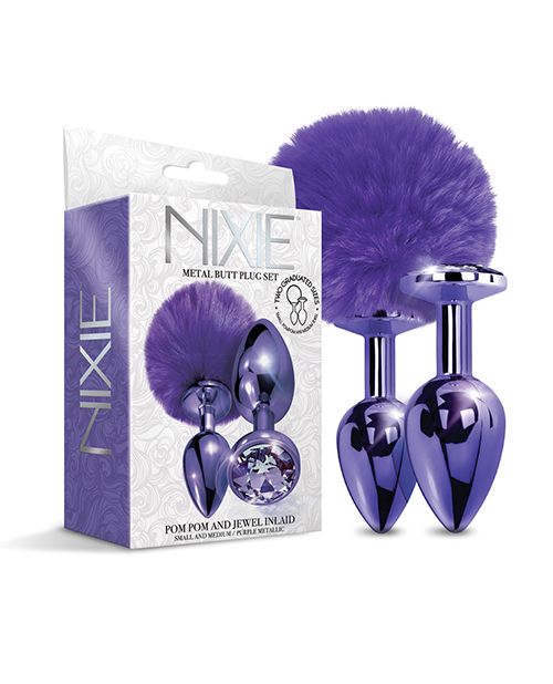 Nixie Metal Butt Plug Set w/Jewel Inlaid &amp; Pom Pom - Purple Metallic