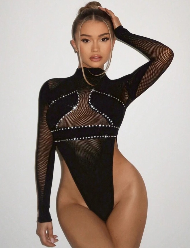 Conjunto de verano para conciertos de mujer: Bustier con cristales brillantes sin mangas, camisola negra versátil y elegante