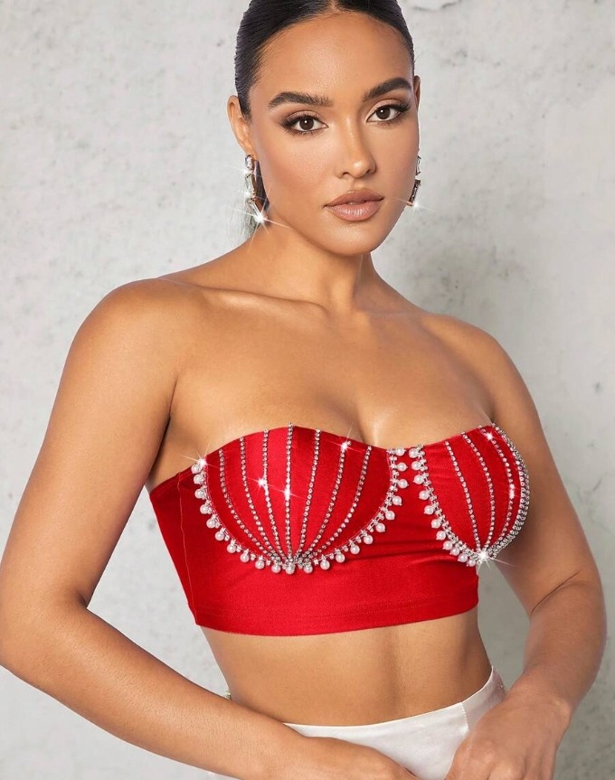 Top Corto Sin Tirantes Con Diamantes Incrustados