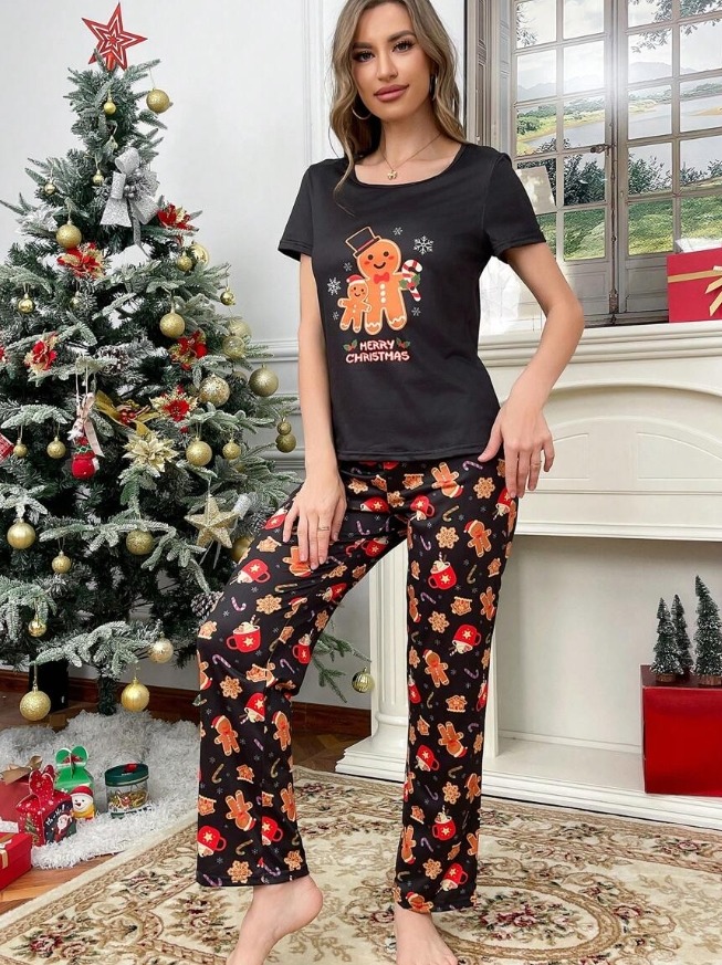 Conjunto de pijama para mujer con estampado navideño de hombre de pan de jengibre de dibujos animados