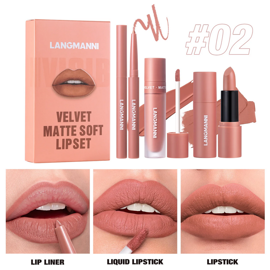 LANGMANNI Nuevo producto, delineador de labios mate incoloro duradero, lápiz labial brillante, operación simple, lápiz labial de seis colores, juego de tres piezas