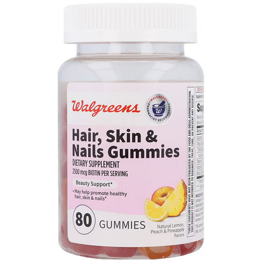 Walgreens Hair, Skin &amp; Nails Gummies, Natural Lemon, Peach &amp; Pineapple 80 piezas