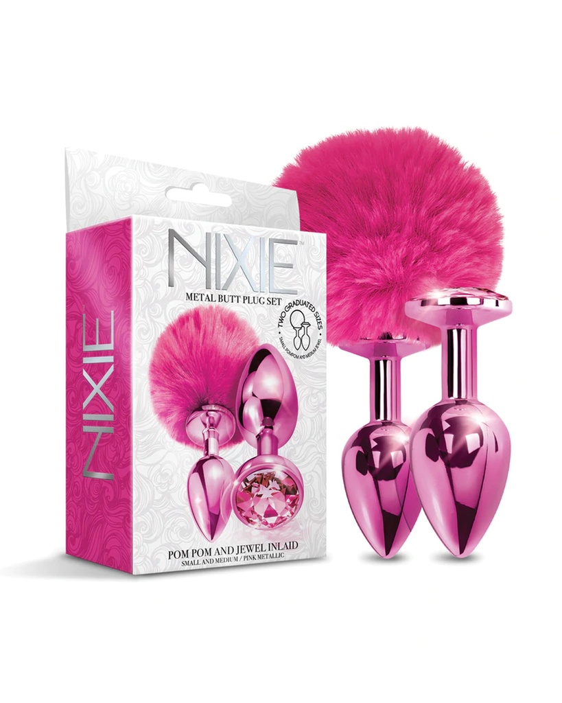 Nixie Metal Butt Plug Set w/Jewel Inlaid &amp; Pom Pom - Pink Metallic