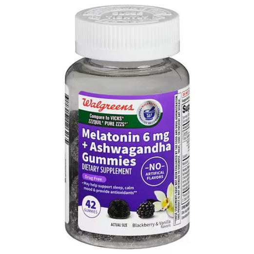 Walgreens Melatonin + Ashwagandha Gummies Blackberry &amp; Vanilla, 42.0 ea