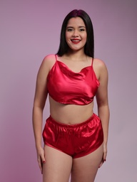 Pijama short liso color rojo de encaje