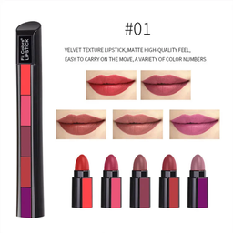 Lápiz labial 5 en 1 con combinación de tiras, mate, aterciopelado, de alta reproducción cromática, duradero, resistente al agua, antiadherente.