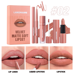 LANGMANNI Nuevo producto, delineador de labios mate incoloro duradero, lápiz labial brillante, operación simple, lápiz labial de seis colores, juego de tres piezas
