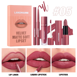 LANGMANNI Nuevo producto, delineador de labios mate incoloro duradero, lápiz labial brillante, operación simple, lápiz labial de seis colores, juego de tres piezas