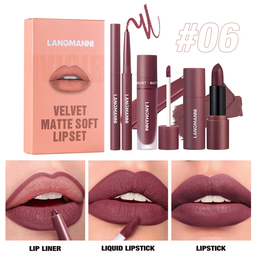 LANGMANNI Nuevo producto, delineador de labios mate incoloro duradero, lápiz labial brillante, operación simple, lápiz labial de seis colores, juego de tres piezas