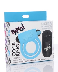 [848518039835] Bang! Vibrating Cock Ring &amp; Bullet w/Remote Control - Blue